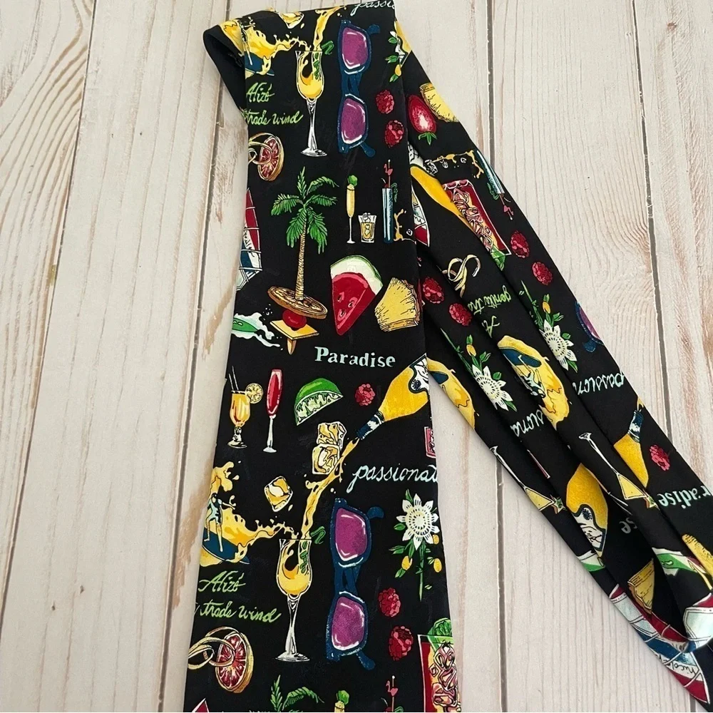 Vintage 90s Nicole Miller Silk Novelty Print Tie Colorful Graphic Paradise